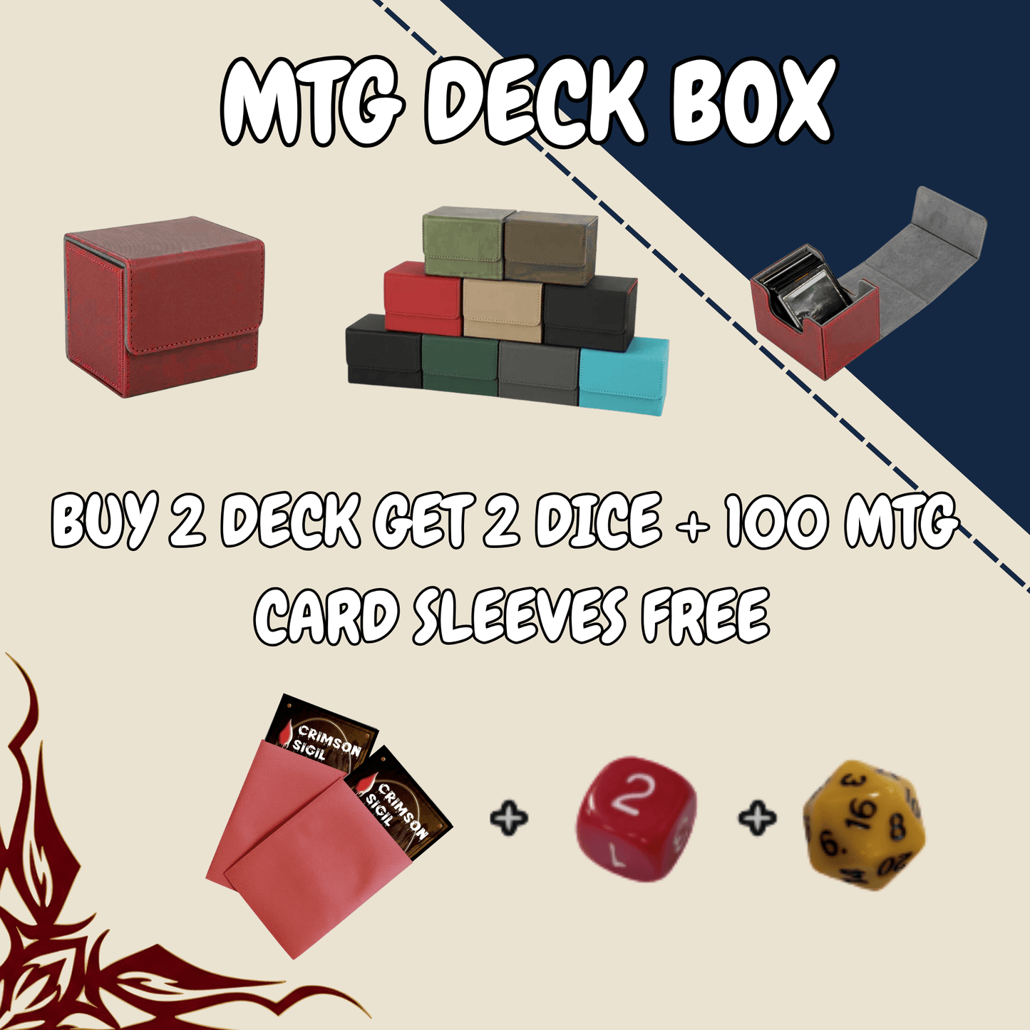 MTG Deck Box offer featuring red and green deck cases, dice, and card sleeves. Buy 2 decks, get 2 dice + 100 MTG card sleeves free.