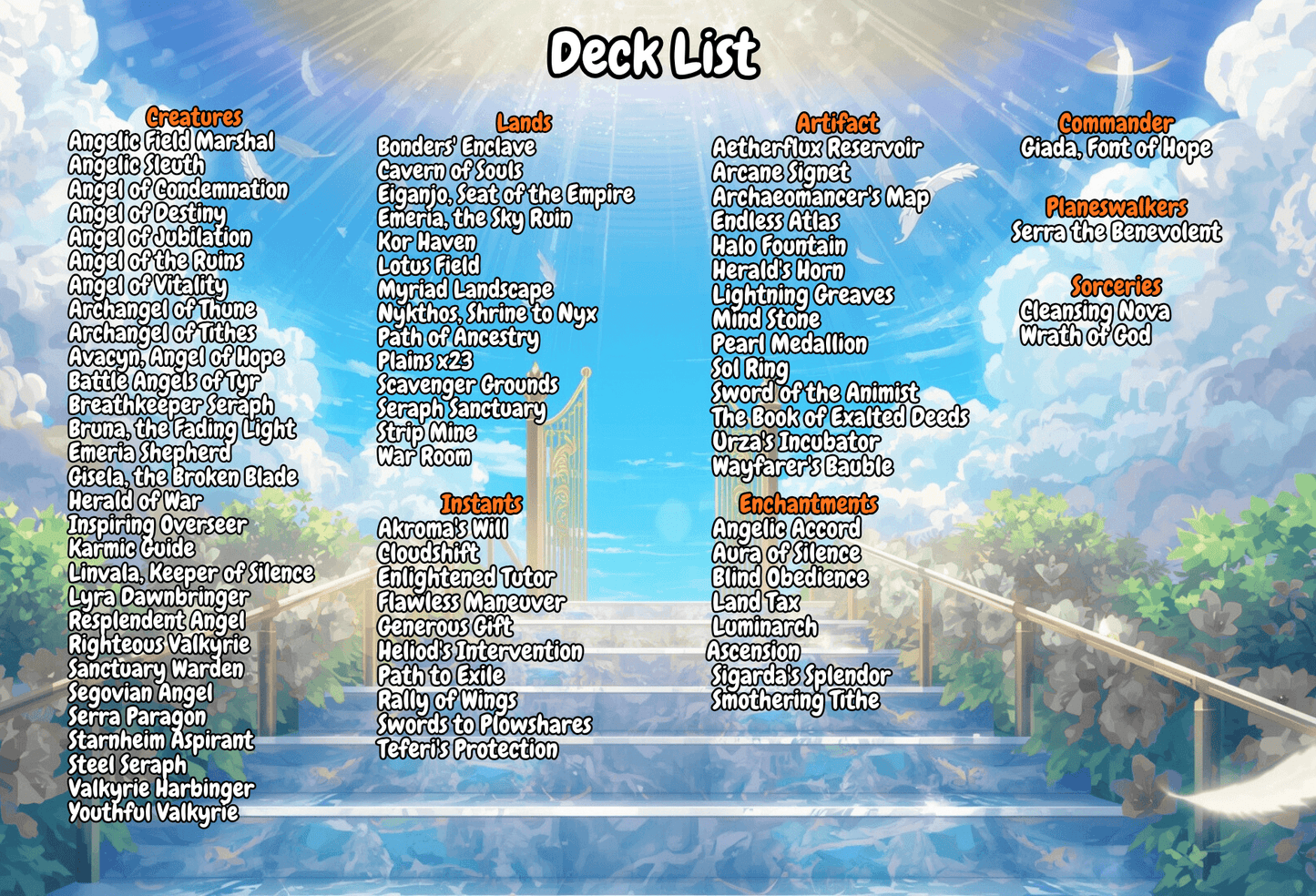 Deck list for Giada, Angel Tribal MTG Proxy Commander Deck, featuring mtg proxy cards and high quality mtg proxies.