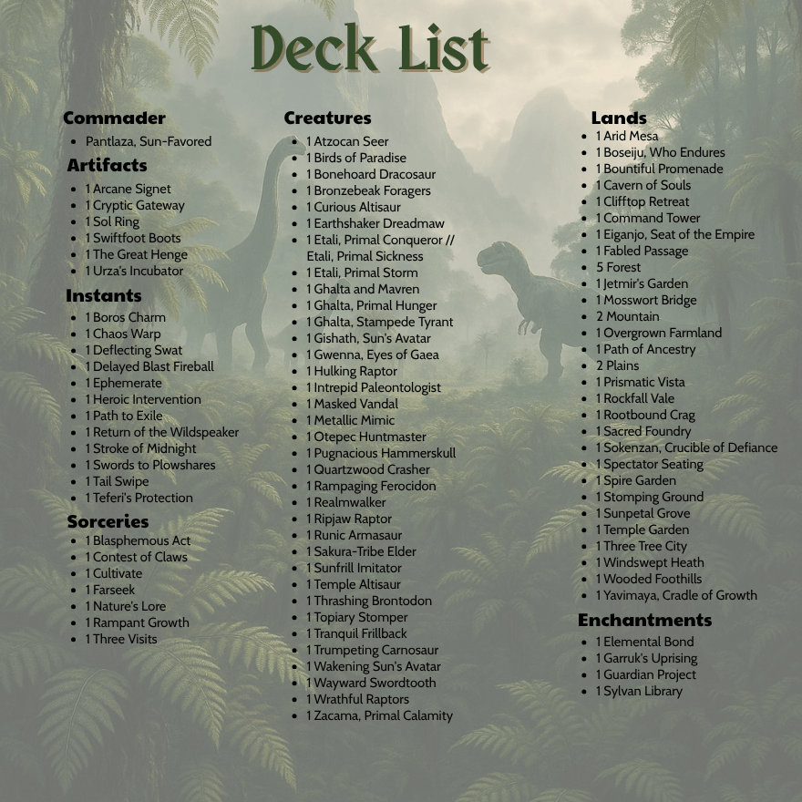 Pantlaza Dinosaurs MTG Proxy Commander Deck deck list featuring powerful creatures and spells for Magic the Gathering.