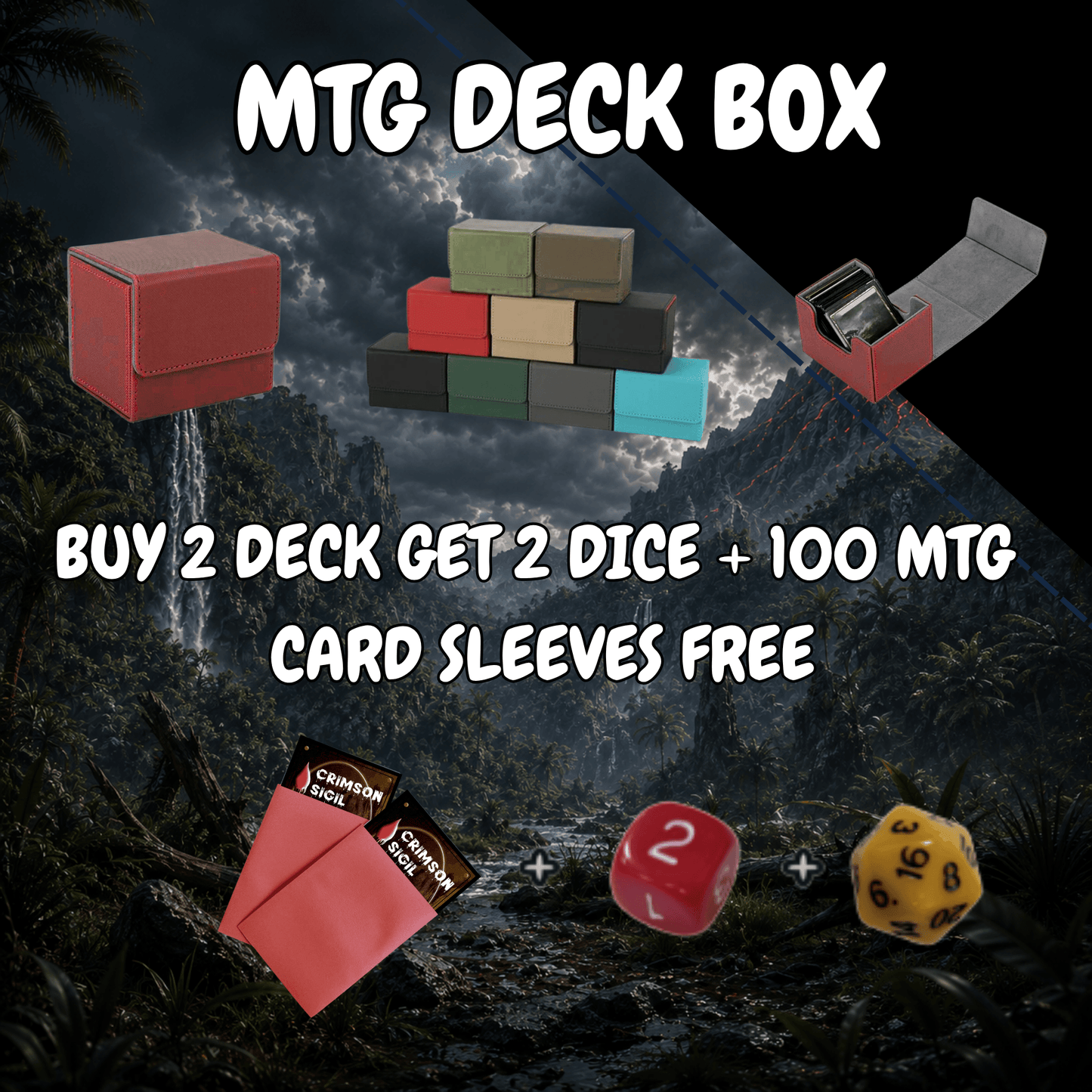 MTG Deck Box featuring promotional offer: Buy 2 decks and get 2 dice and 100 MTG card sleeves free.