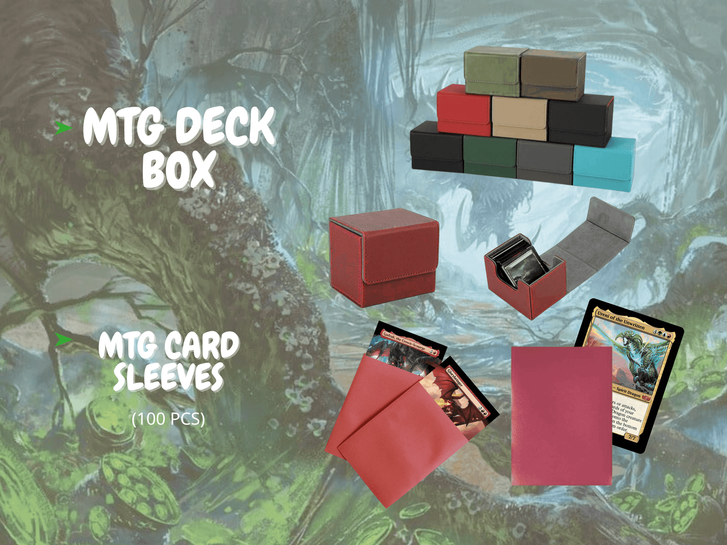 MTG Deck Box and MTG Card Sleeves (100 PCS) shown on a vibrant Magic: The Gathering themed background.
