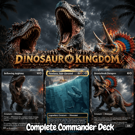 Dinosaur Kingdom MTG Proxy Commander Deck featuring Bellowing Aegisaur, Pantlaza, Sun-Favored, and Bronzebeak Foragers.