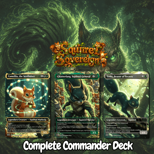 Squirrel Sovereign MTG Proxy Commander Deck featuring legendary Squirrel cards Camellia, Chatterfang, and Toski.