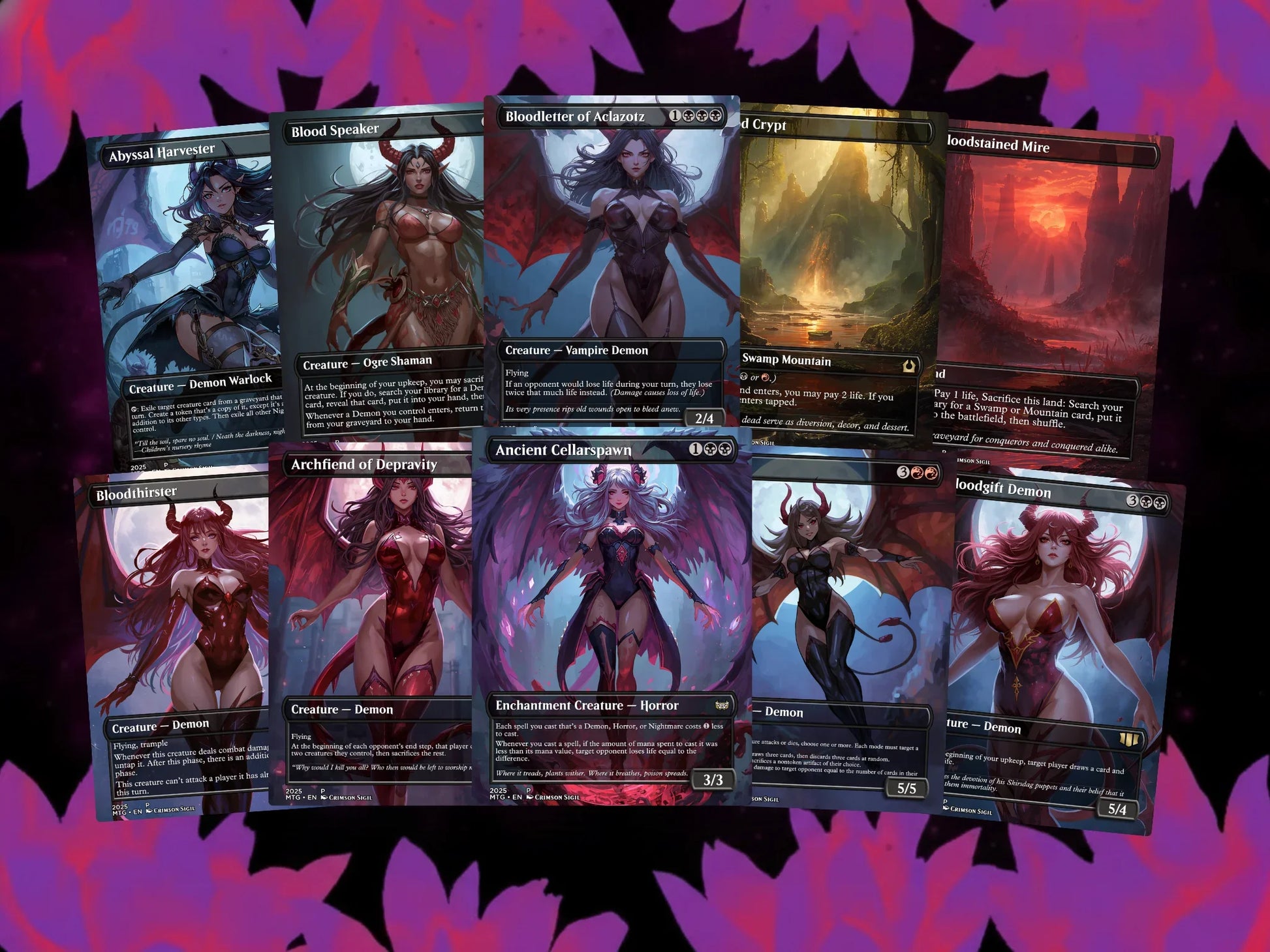Fantasy trading cards featuring female demon creatures and dark landscape art, magic card display