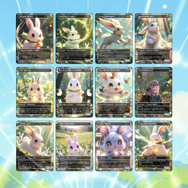 Bunny Overrun MTG Proxy Commander Deck featuring colorful MTG proxy cards with adorable rabbit characters.