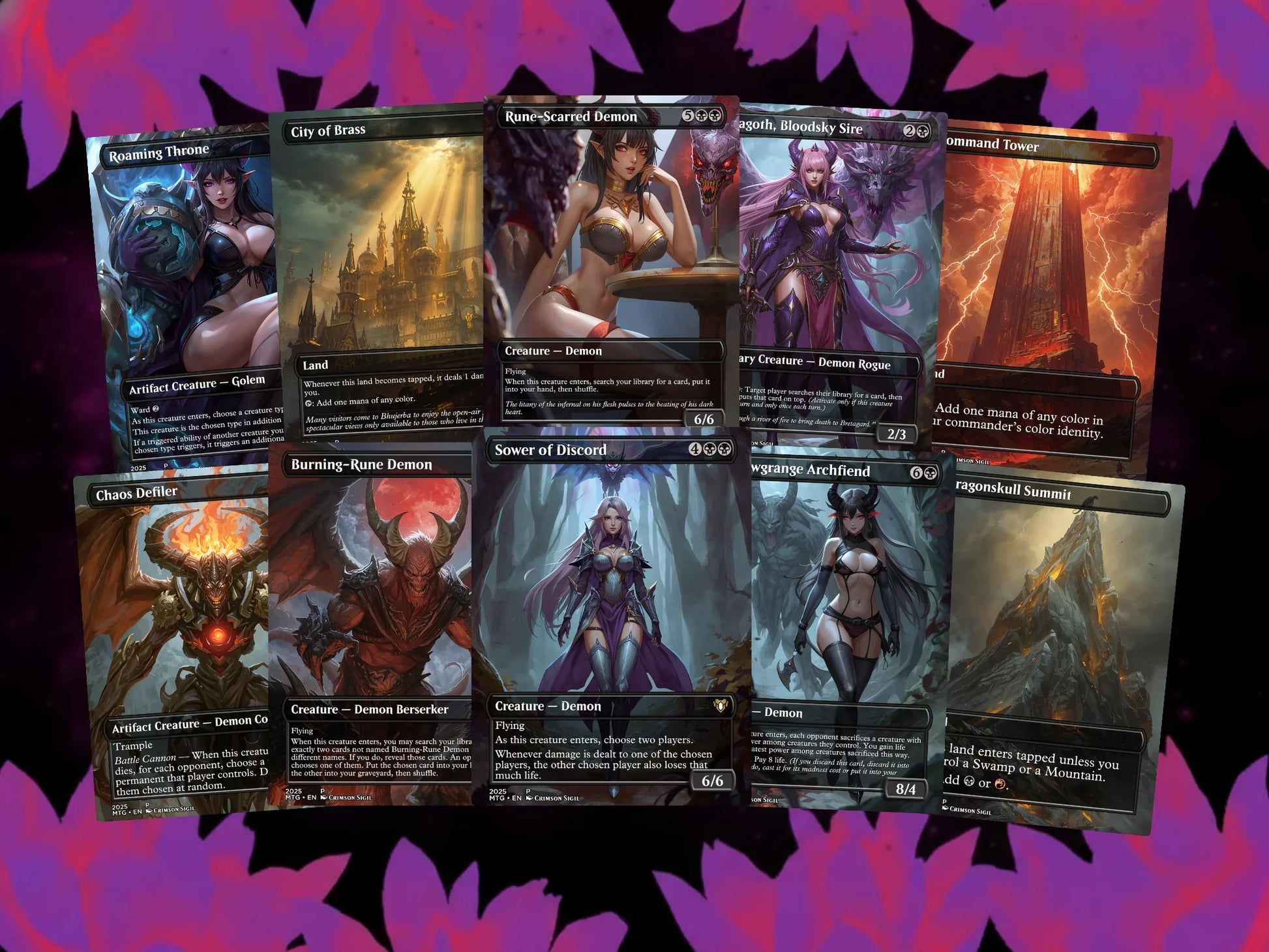 Fantasy trading cards with illustrated demons, golems, and mystical landscapes, MTG proxy art
