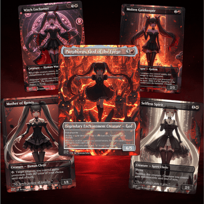 Arabella-Crimson Doll Queen MTG Proxy Commander Deck featuring Purphoros and various magic proxy cards.