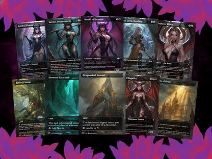 Assorted custom Magic proxy cards featuring fantasy demons, gods, cat beasts, and land art