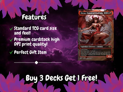 Orcus, Prince of Undeath trading card promo, features, purple background, buy 3 decks offer.