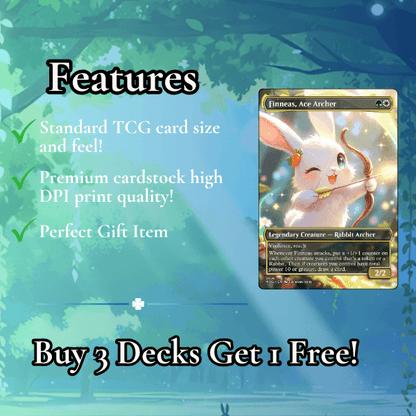 Bunny Overrun MTG Proxy Commander Deck featuring Finneas, Ace Archer and promotional details.