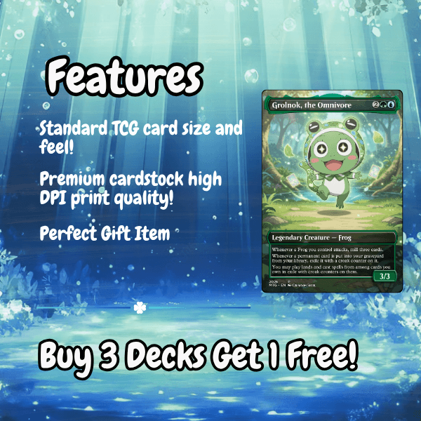 Frog Grove MTG Proxy Commander Deck features Grolnok, the Omnivore card, premium cardstock, and buy 3 decks get 1 free offer.
