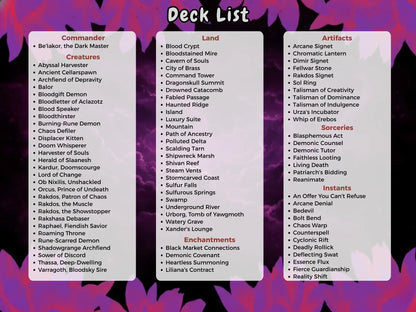 MTG deck list image featuring commander Be'lakor, creatures, lands, artifacts, enchantments, sorceries, and instants on a decorative background.