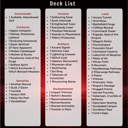 Deck list for the Arabella-Crimson Doll Queen MTG Proxy Commander Deck featuring high-quality MTG proxy cards.