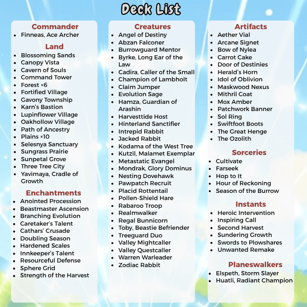Bunny Overrun MTG Proxy Commander Deck deck list including commanders, creatures, and spells for strategic gameplay.