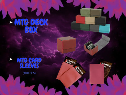 MTG deck boxes in assorted colors and MTG card sleeves displayed on a fantasy purple background